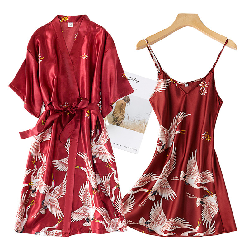 Burgundy Women 2PCS Faux Silk  - Robe Silk Women recension och pris